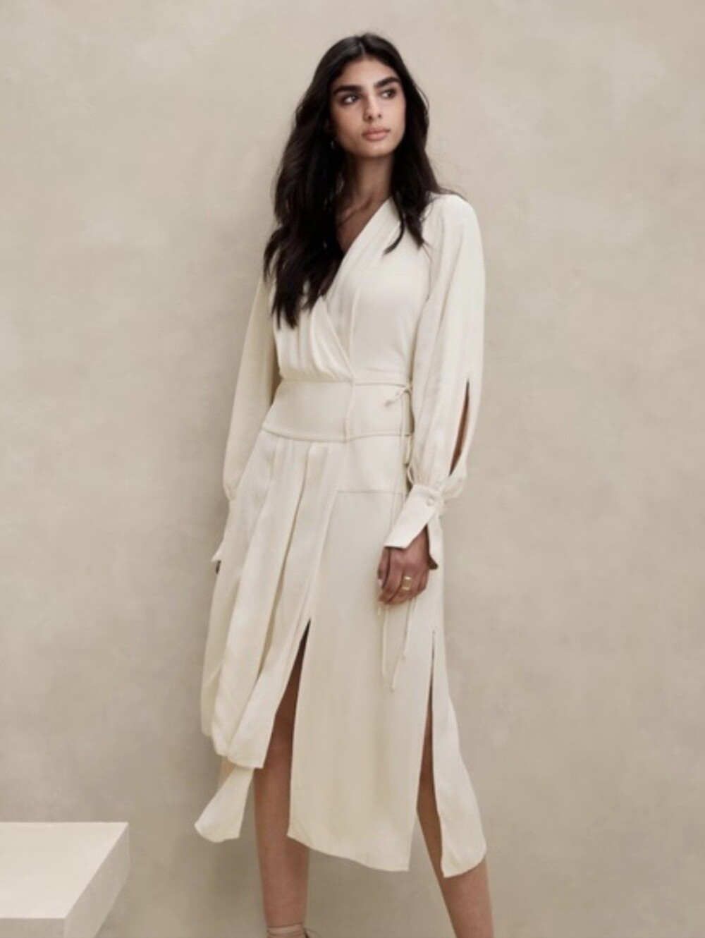 Banana Republic Asymmetric Wrap Pleat Midi Slit Shirtdress Stone Wash Cream S